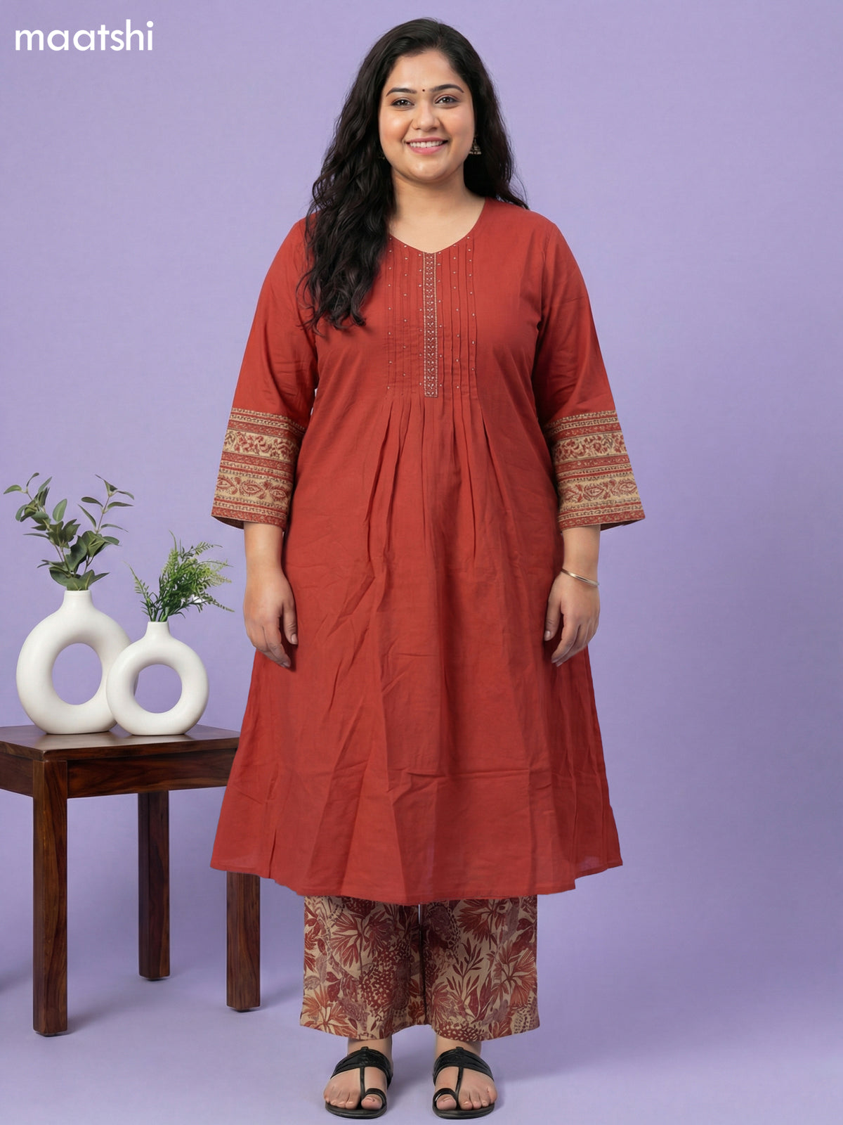 Rust Cotton Simple Embroidery Work Neck Pattern A-Line Suit