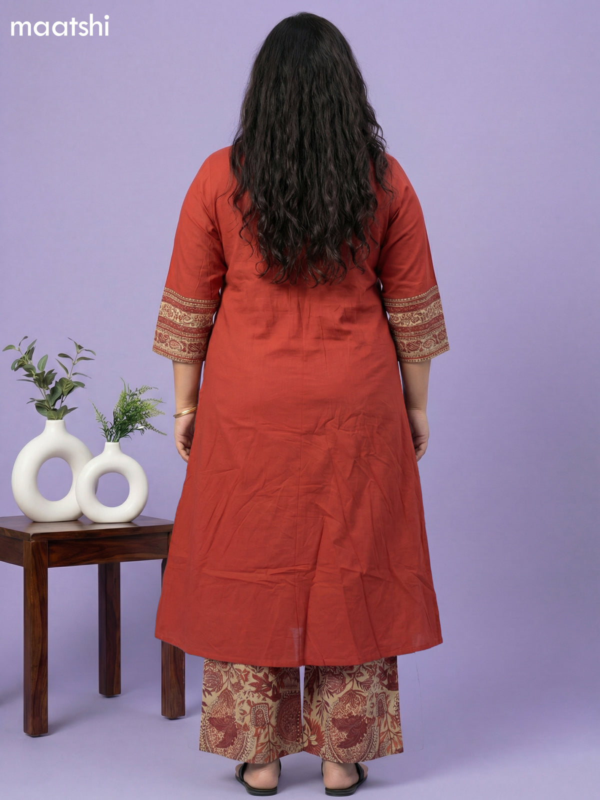 Rust Cotton Simple Embroidery Work Neck Pattern A-Line Suit