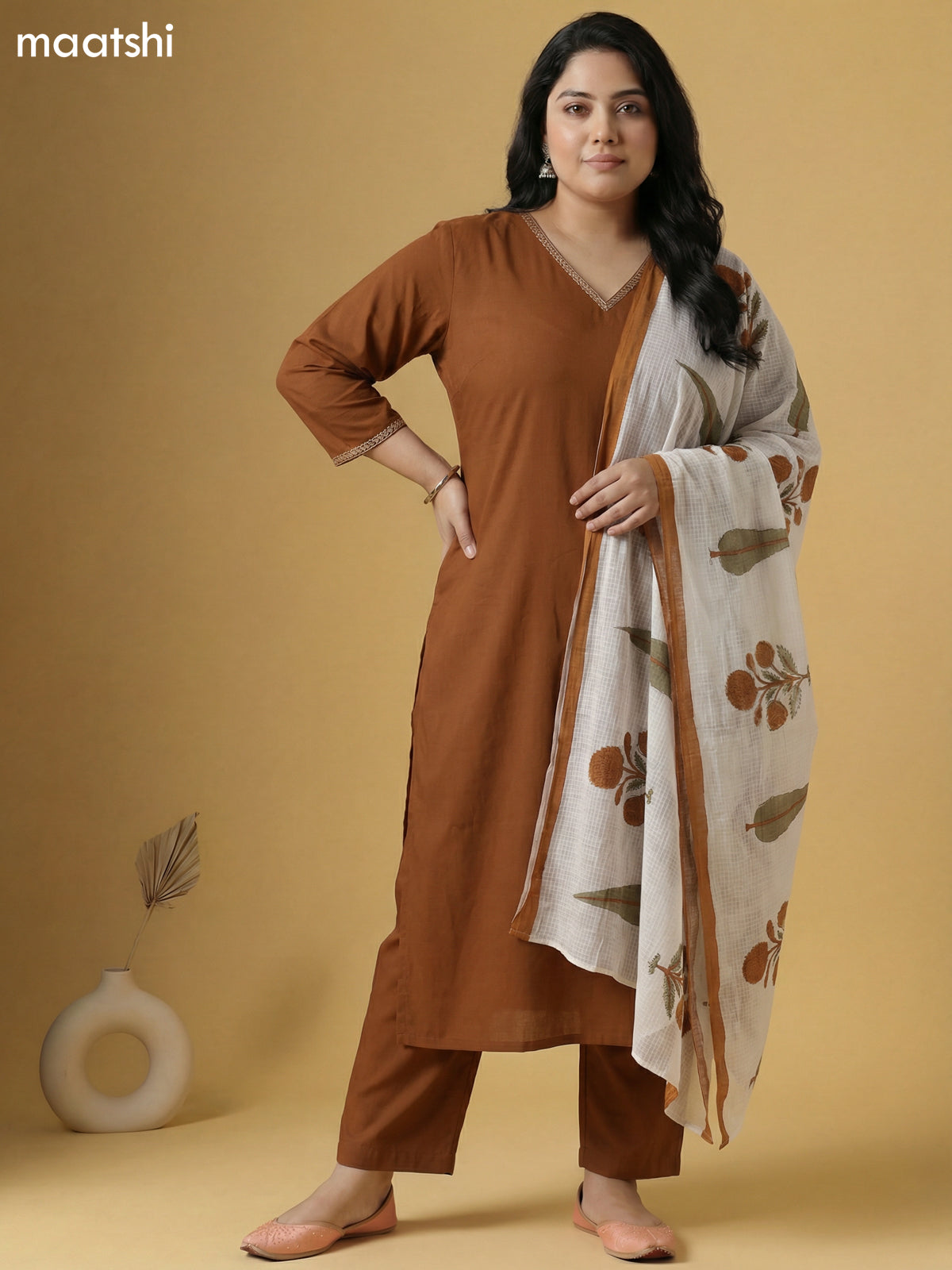 Brown and Cream Cotton Simple Embroidery Work Neck Pattern Straight Suit
