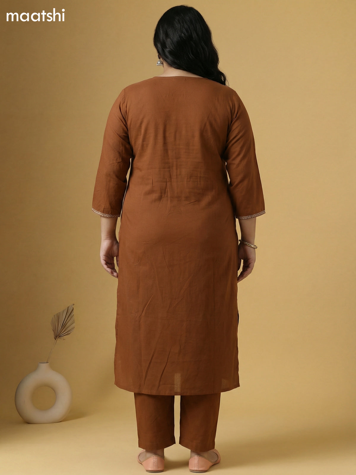 Brown and Cream Cotton Simple Embroidery Work Neck Pattern Straight Suit