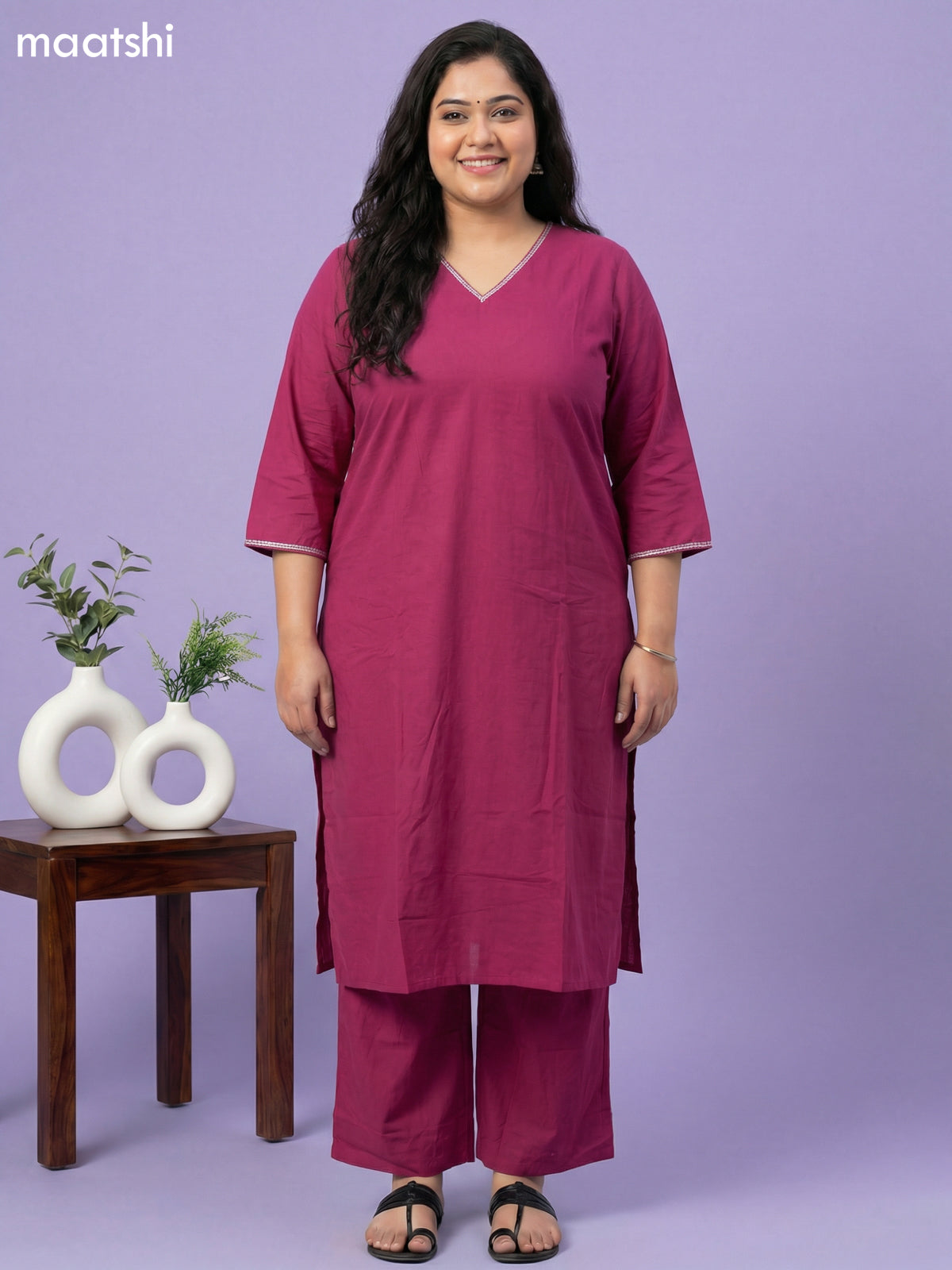 Pink and Cream Cotton Simple Embroidery Work Neck Pattern Straight Suit