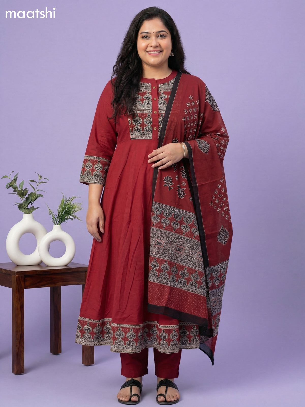 Maroon Cotton Printed Neck Pattern Anarkali Suit