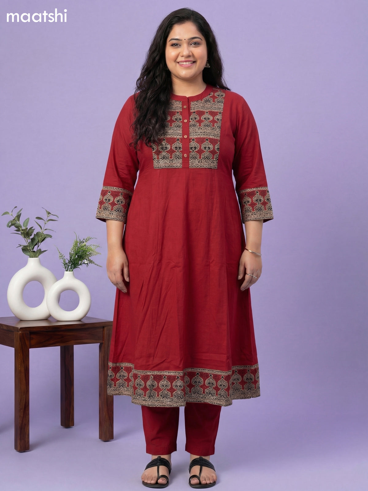 Maroon Cotton Printed Neck Pattern Anarkali Suit