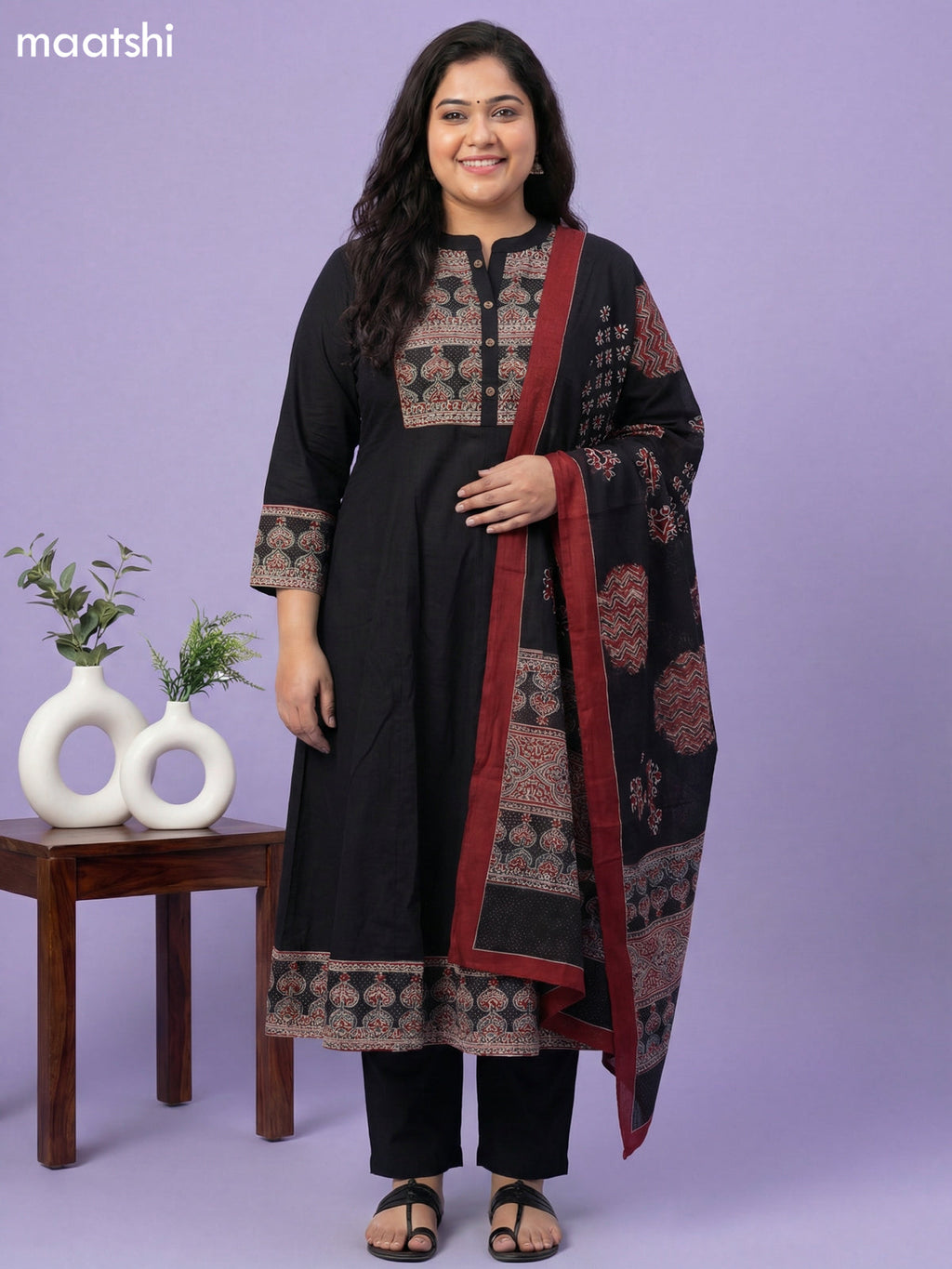 Black Cotton Printed Neck Pattern Anarkali Suit