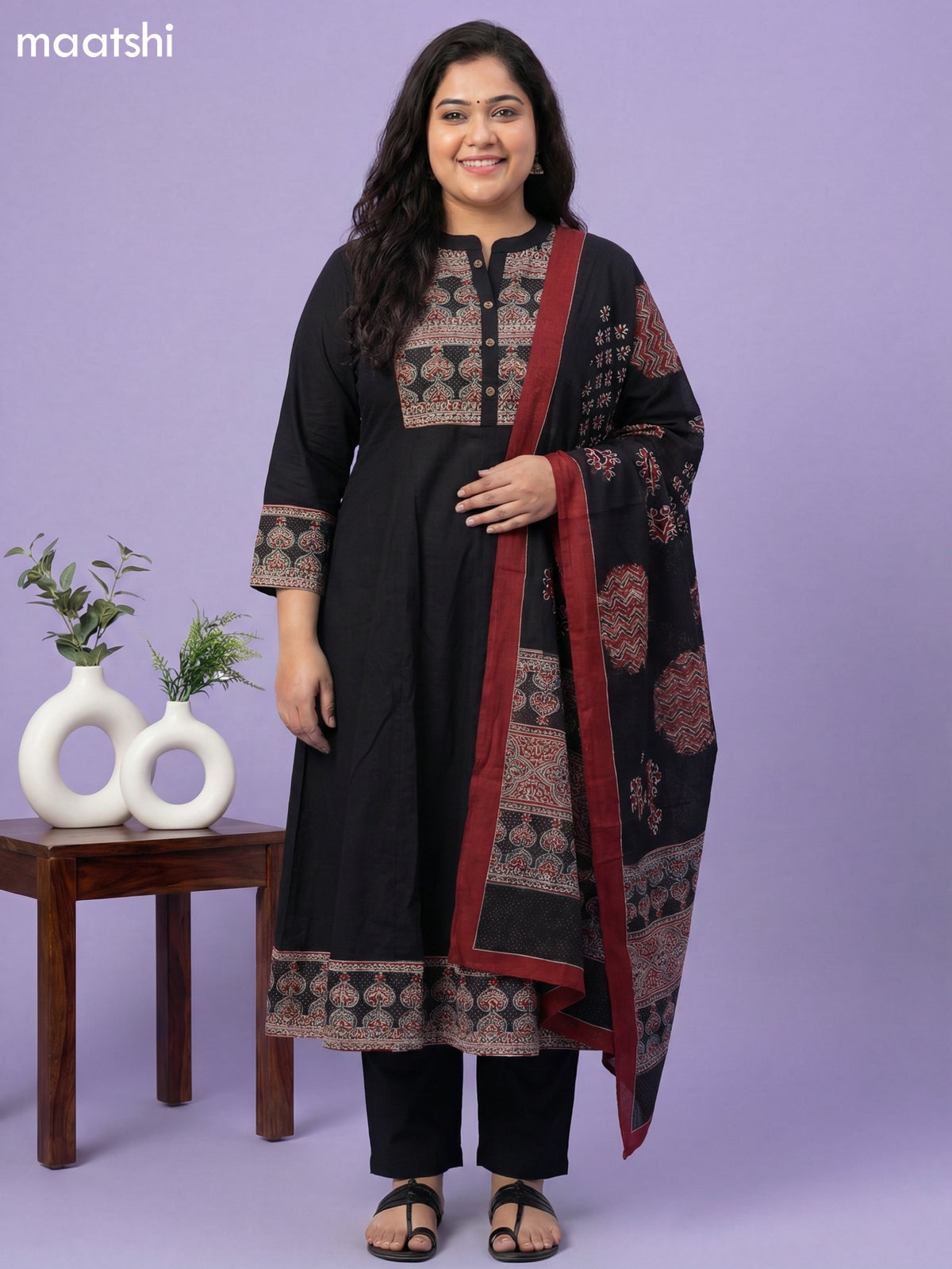 Black Cotton Printed Neck Pattern Anarkali Suit