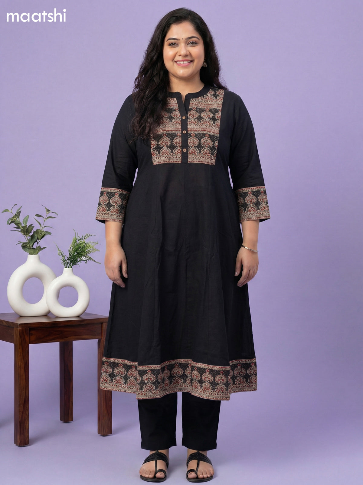 Black Cotton Printed Neck Pattern Anarkali Suit