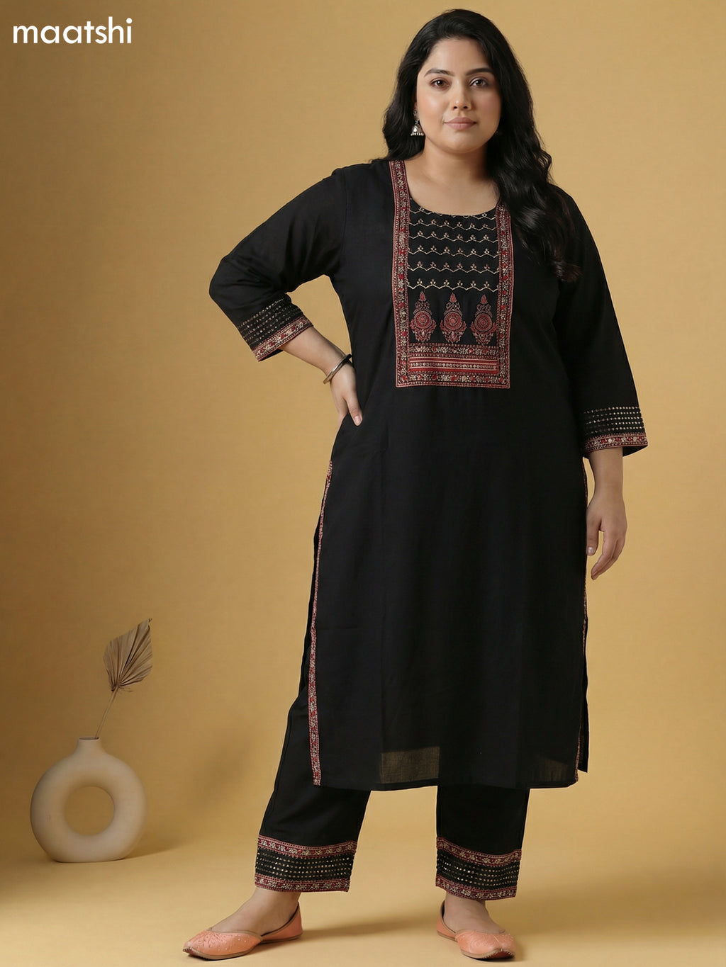 Black and Maroon Cotton Patch Work Neck Pattern Straight Suit