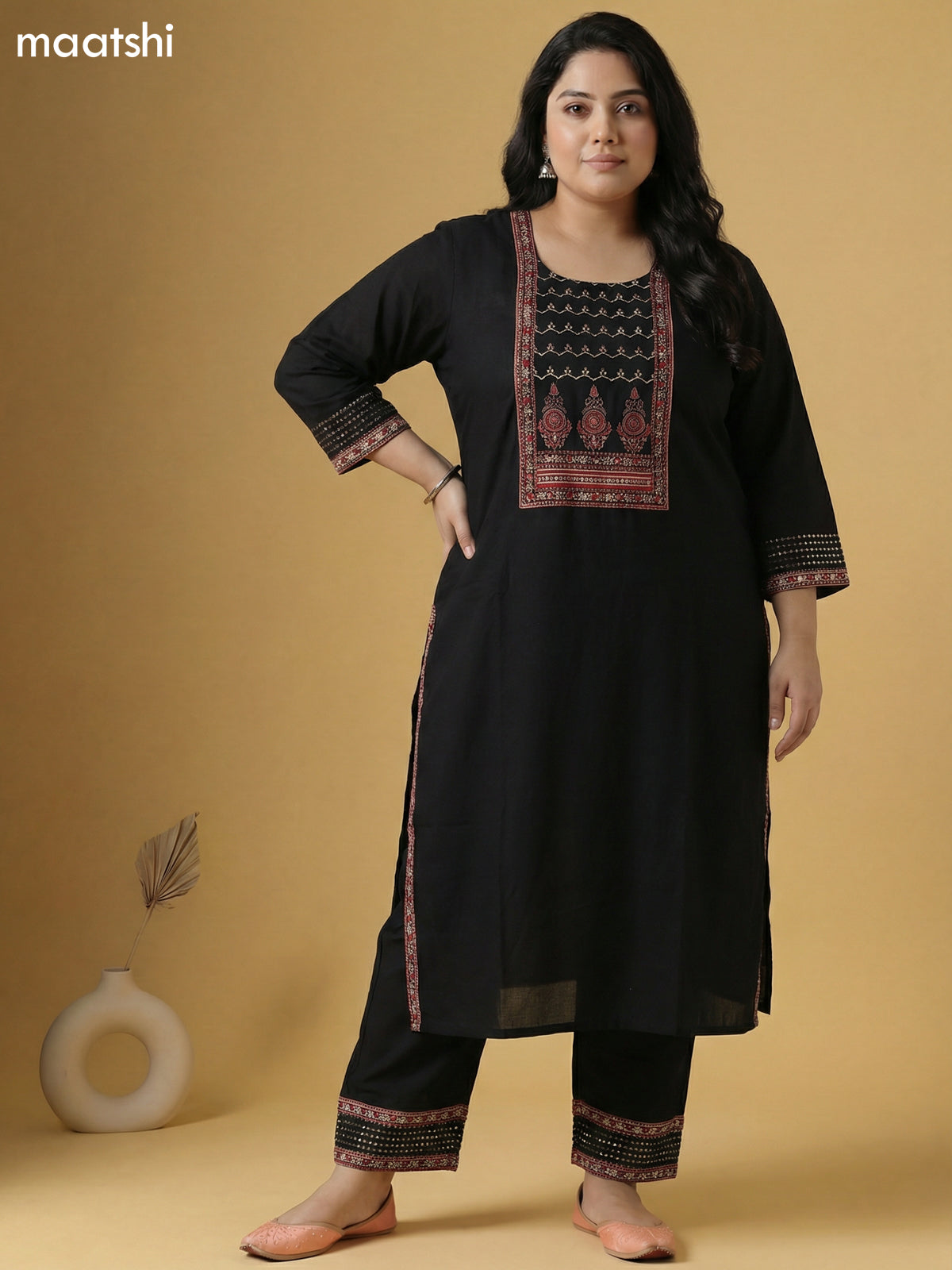 Black and Maroon Cotton Patch Work Neck Pattern Straight Suit