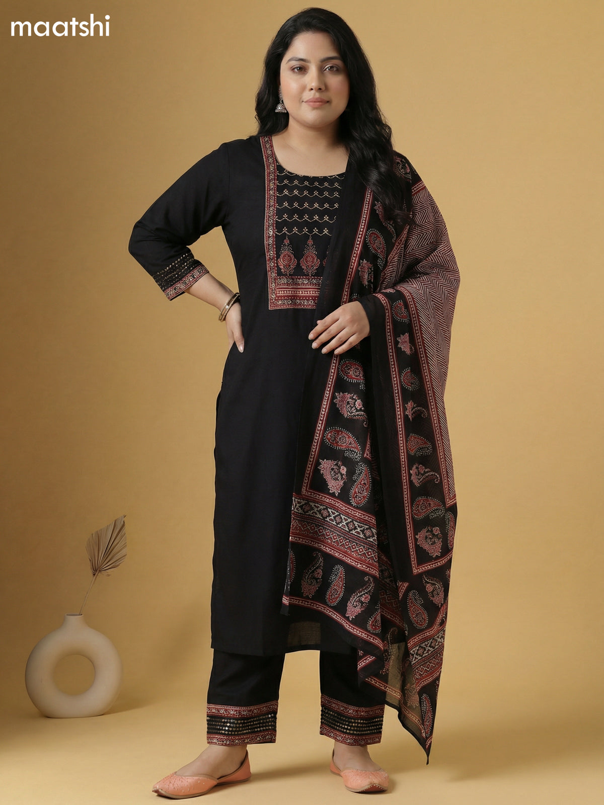 Black and Maroon Cotton Patch Work Neck Pattern Straight Suit