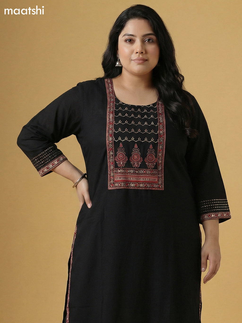 Black and Maroon Cotton Patch Work Neck Pattern Straight Suit