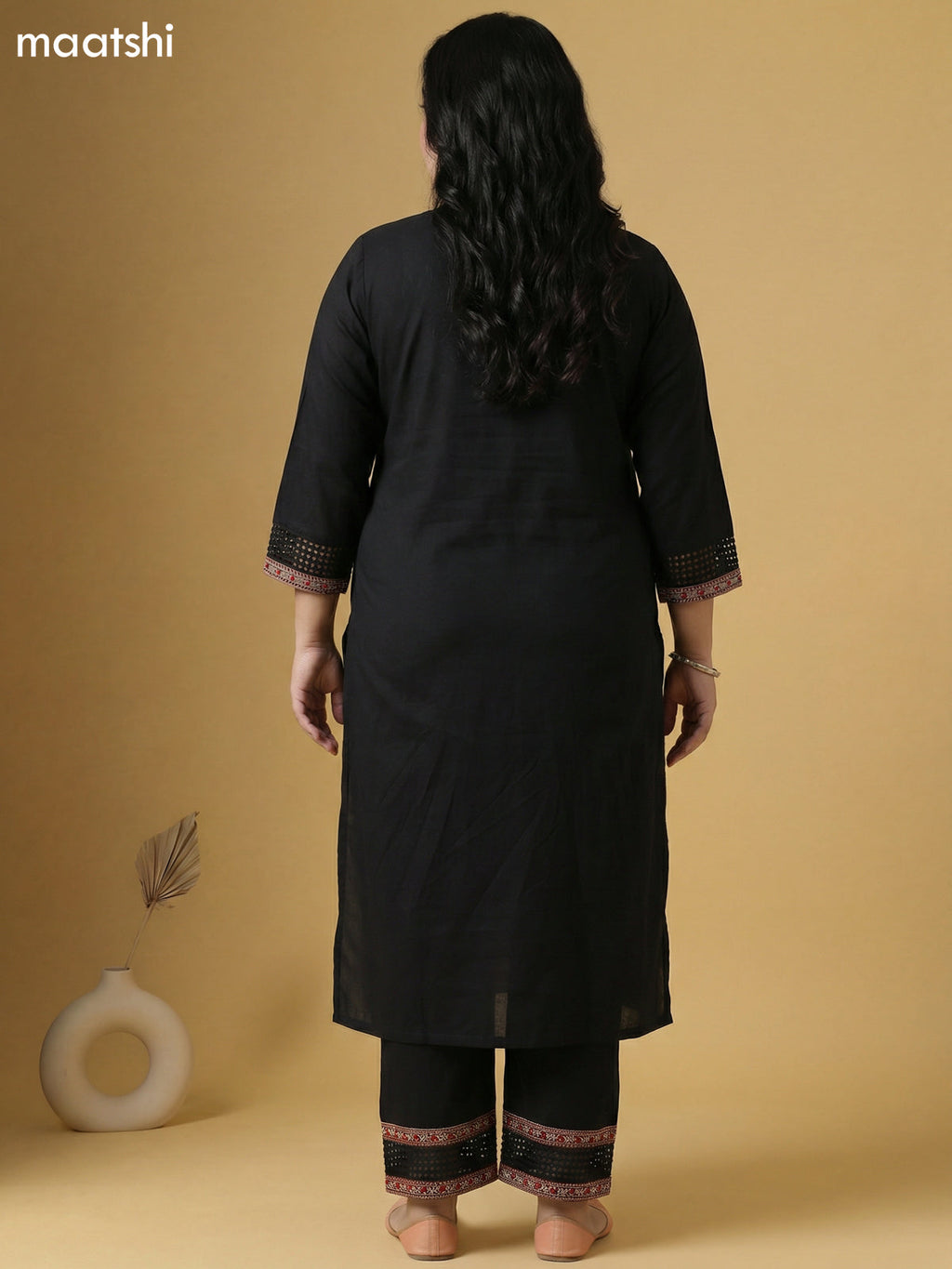 Black and Maroon Cotton Patch Work Neck Pattern Straight Suit