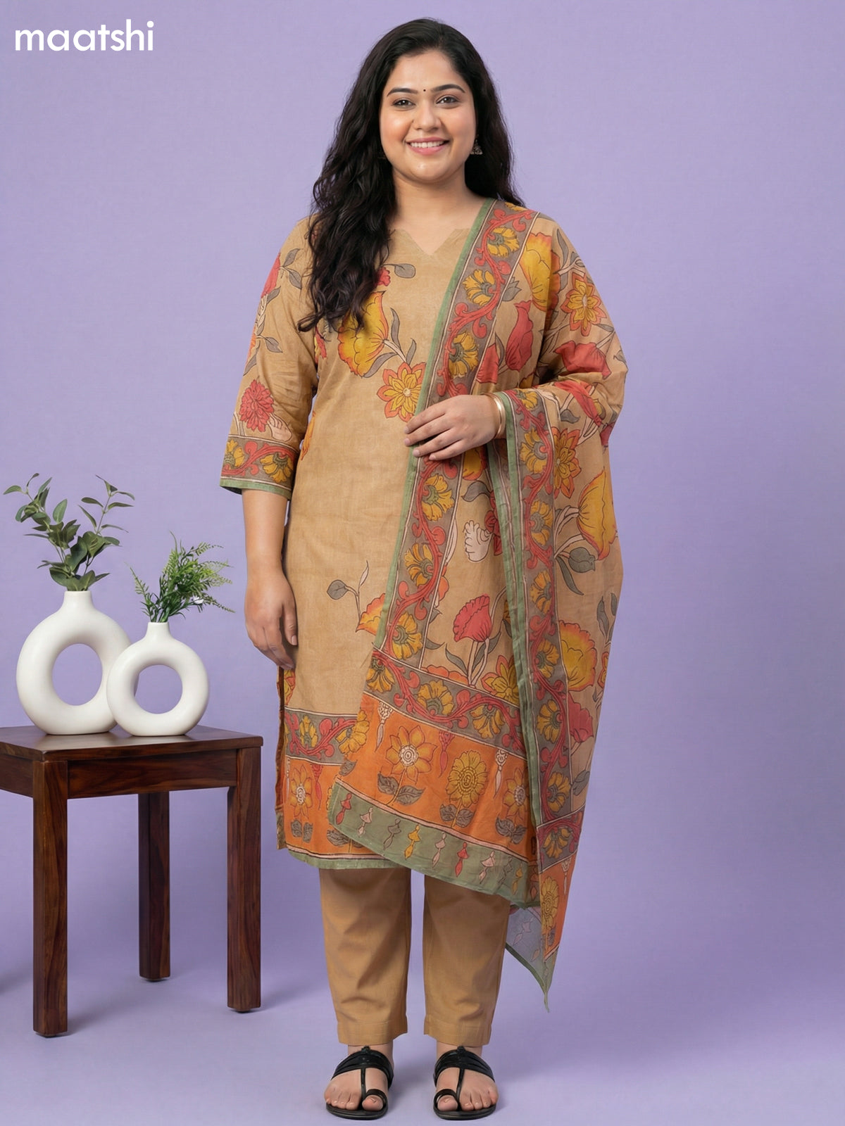 Sandal Cotton Kalamkari Printed Straight Suit