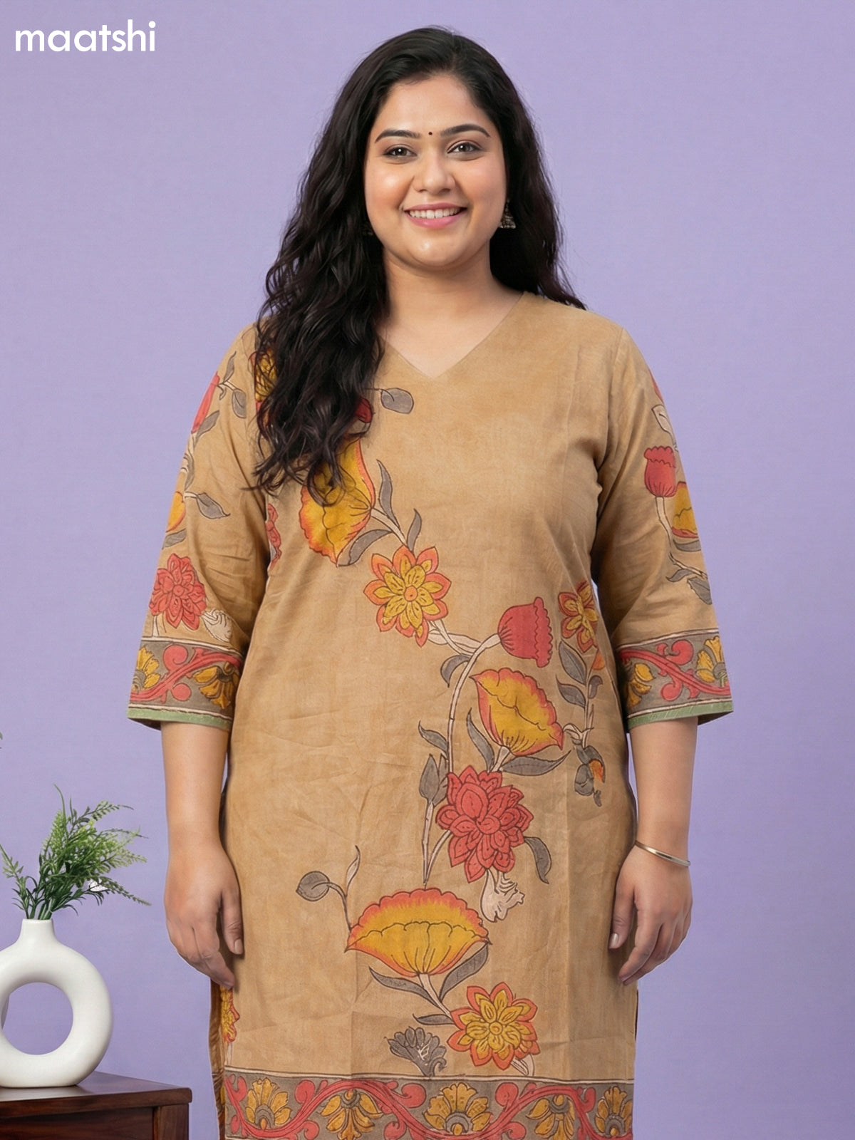 Sandal Cotton Kalamkari Printed Straight Suit