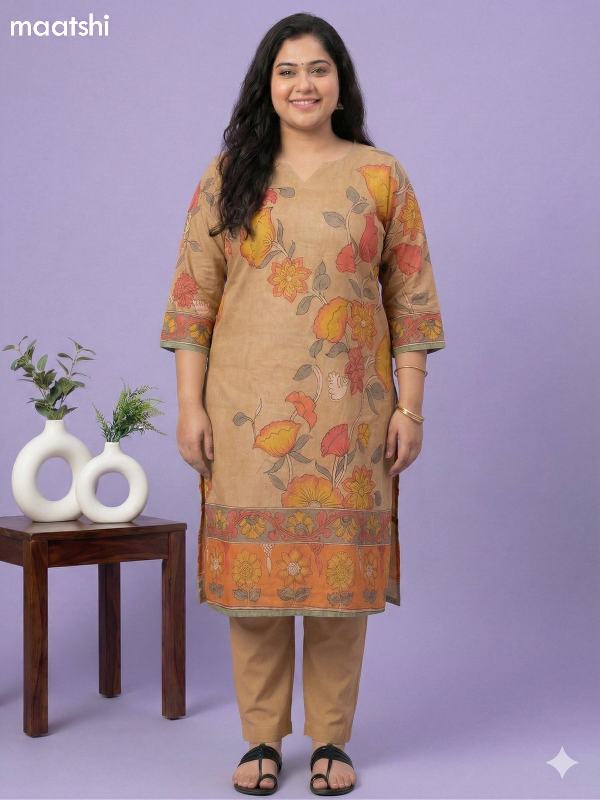 Sandal Cotton Kalamkari Printed Straight Suit