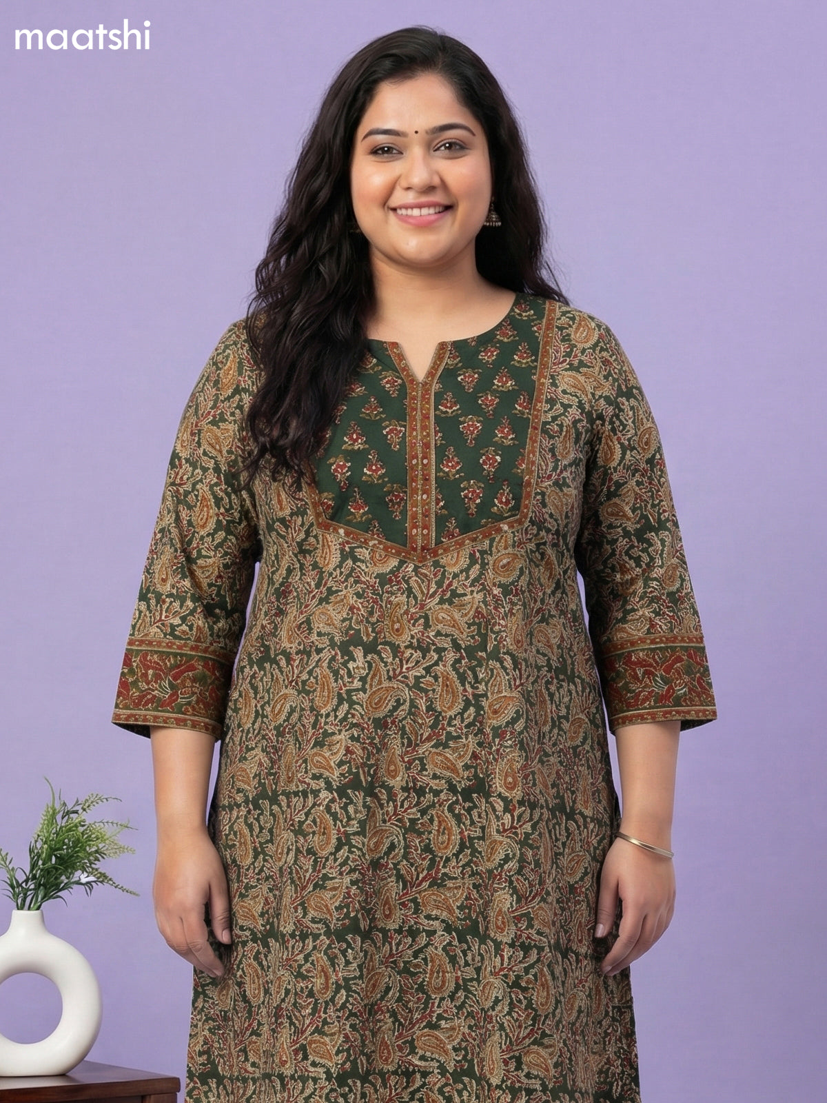 Green and Beige Cotton Kalamkari Printed A-Line Suit