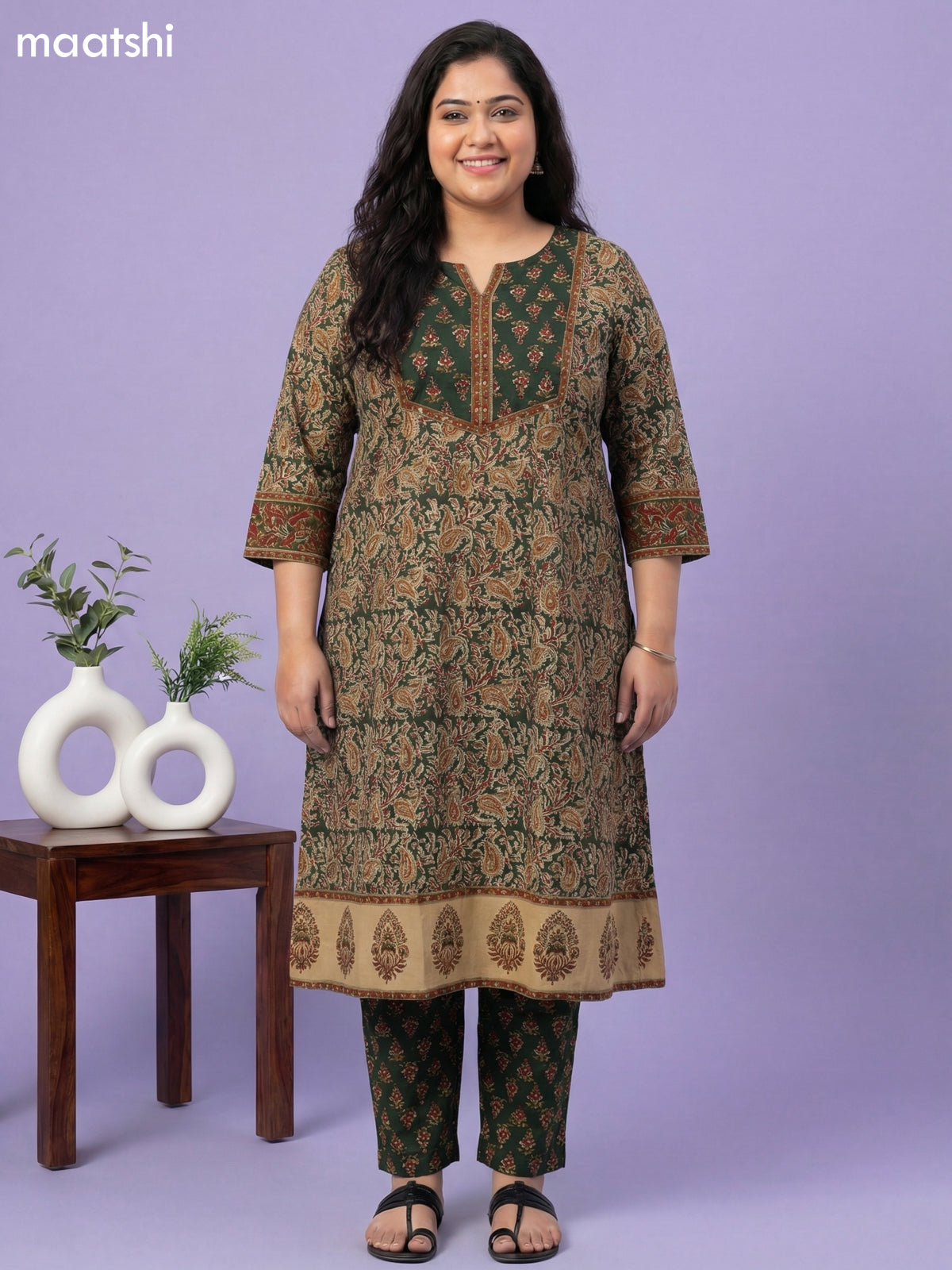 Green and Beige Cotton Kalamkari Printed A-Line Suit