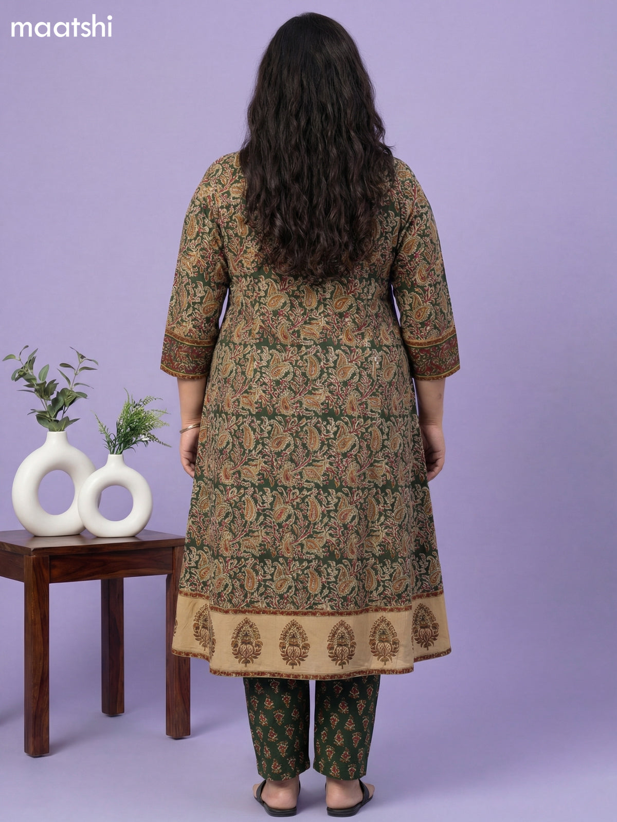 Green and Beige Cotton Kalamkari Printed A-Line Suit
