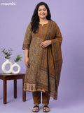 Mustard Yellow and Beige Cotton Kalamkari Printed A-Line Suit
