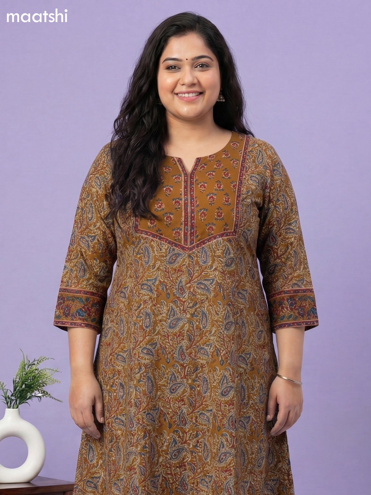 Mustard Yellow and Beige Cotton Kalamkari Printed A-Line Suit