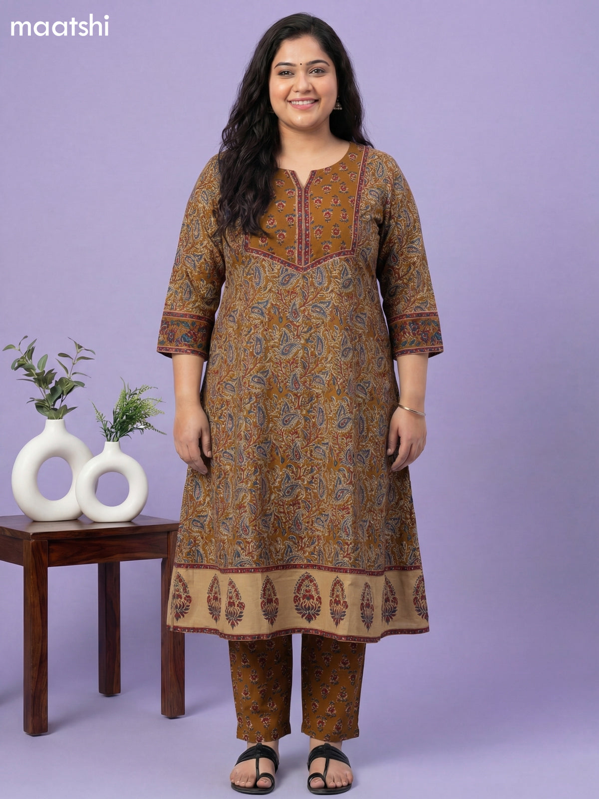 Mustard Yellow and Beige Cotton Kalamkari Printed A-Line Suit