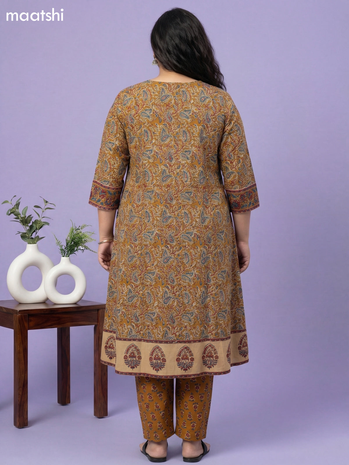 Mustard Yellow and Beige Cotton Kalamkari Printed A-Line Suit