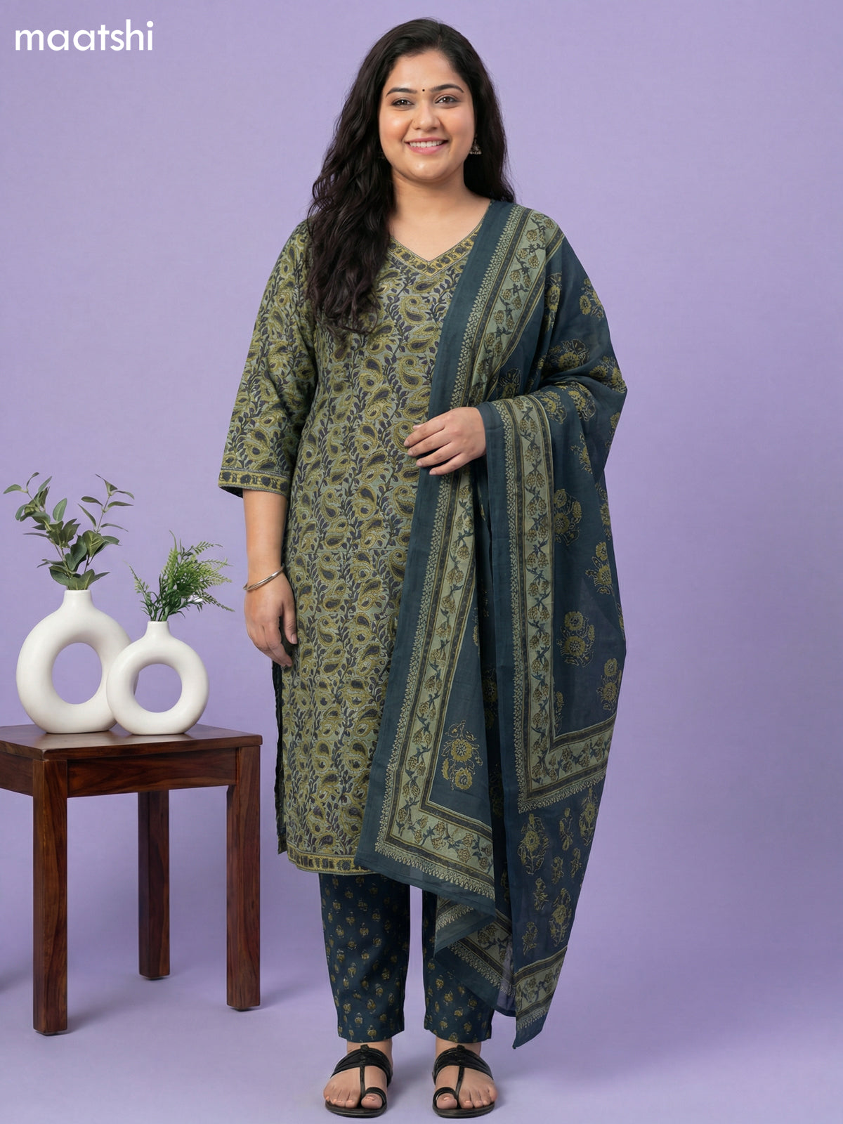 Pastel Green Cotton Printed Straight Suit