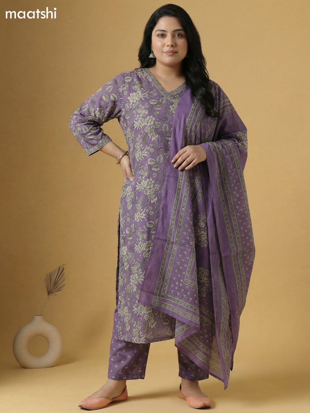 Pastel Lavender and Grey Cotton Floral Printed Straight Suit