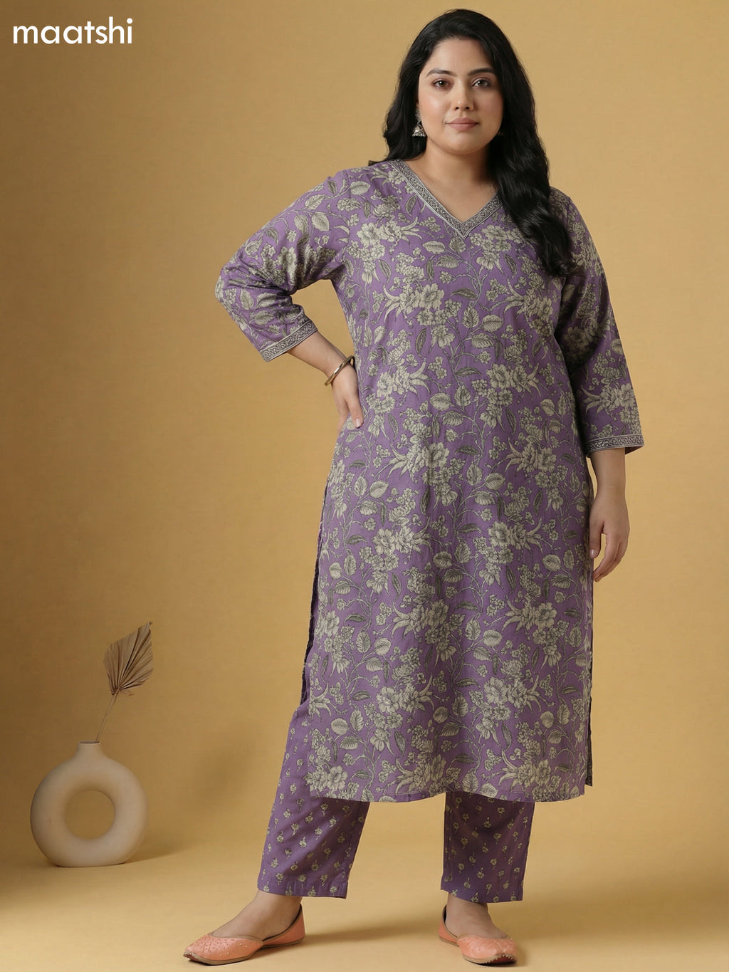 Pastel Lavender and Grey Cotton Floral Printed Straight Suit