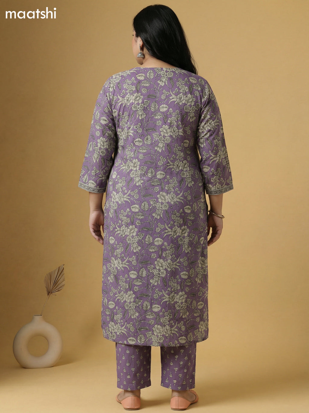 Pastel Lavender and Grey Cotton Floral Printed Straight Suit