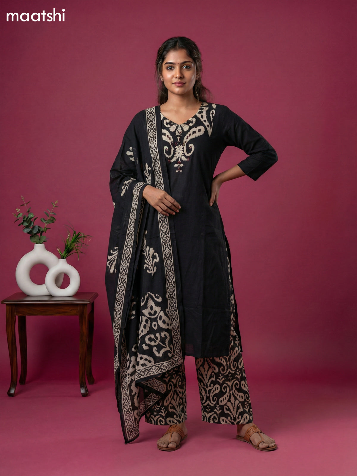 Black Cotton Ikat Weaves Straight Suit
