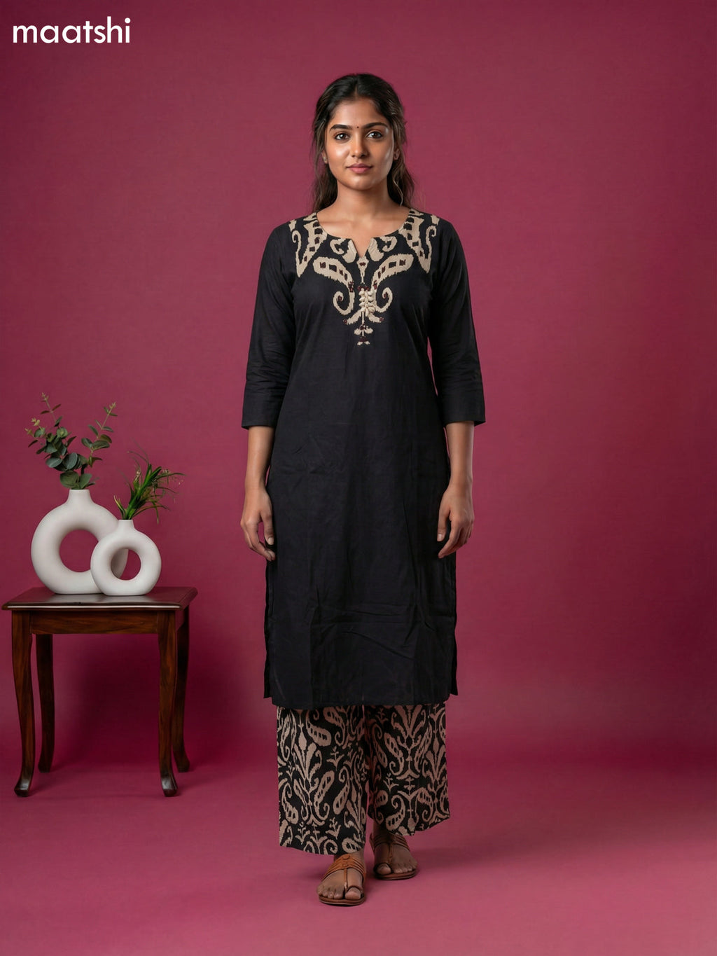 Black Cotton Ikat Weaves Straight Suit