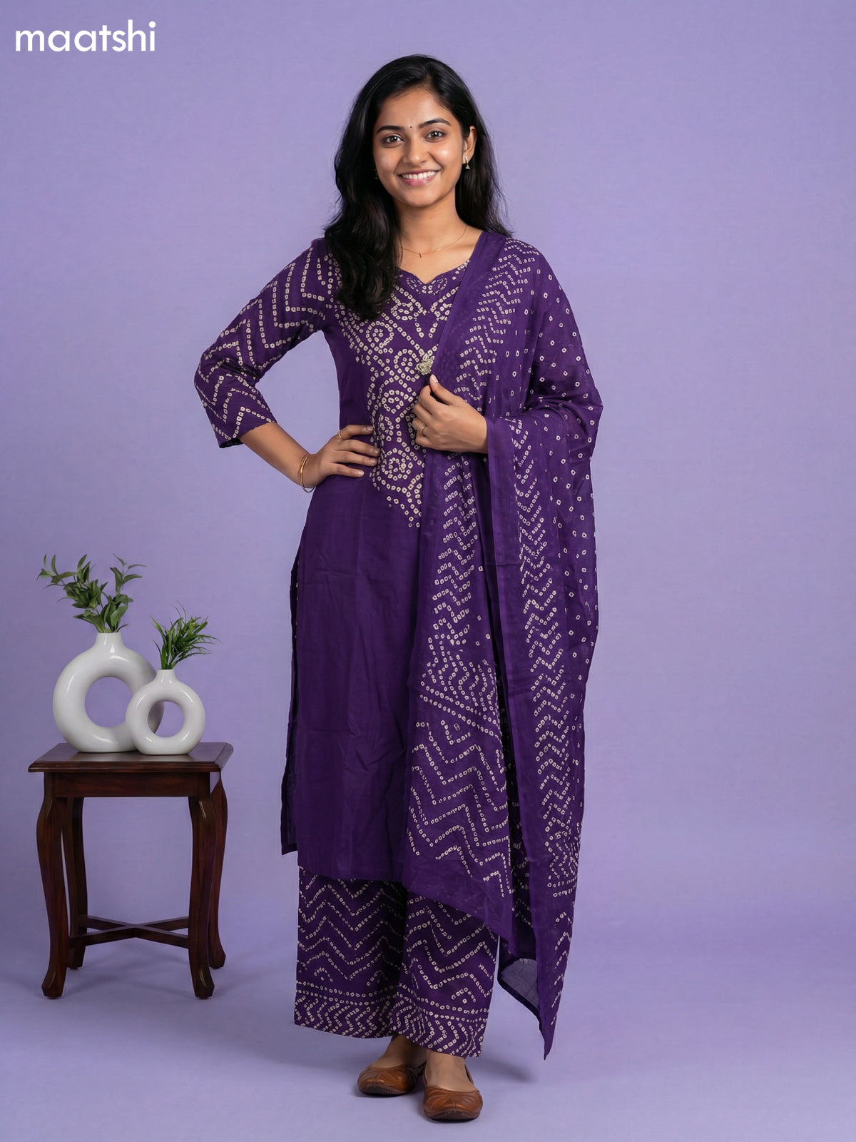 Violet Cotton Bandhini Printed Straight Suit