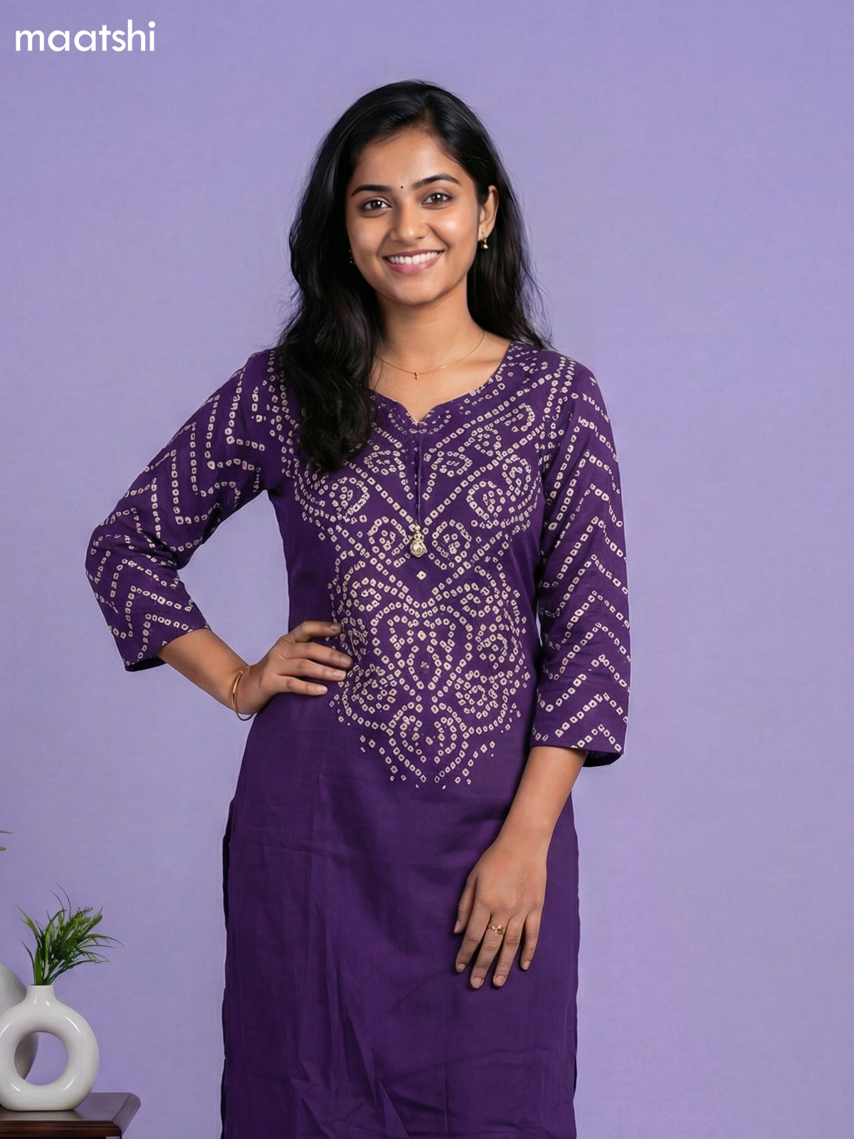 Violet Cotton Bandhini Printed Straight Suit