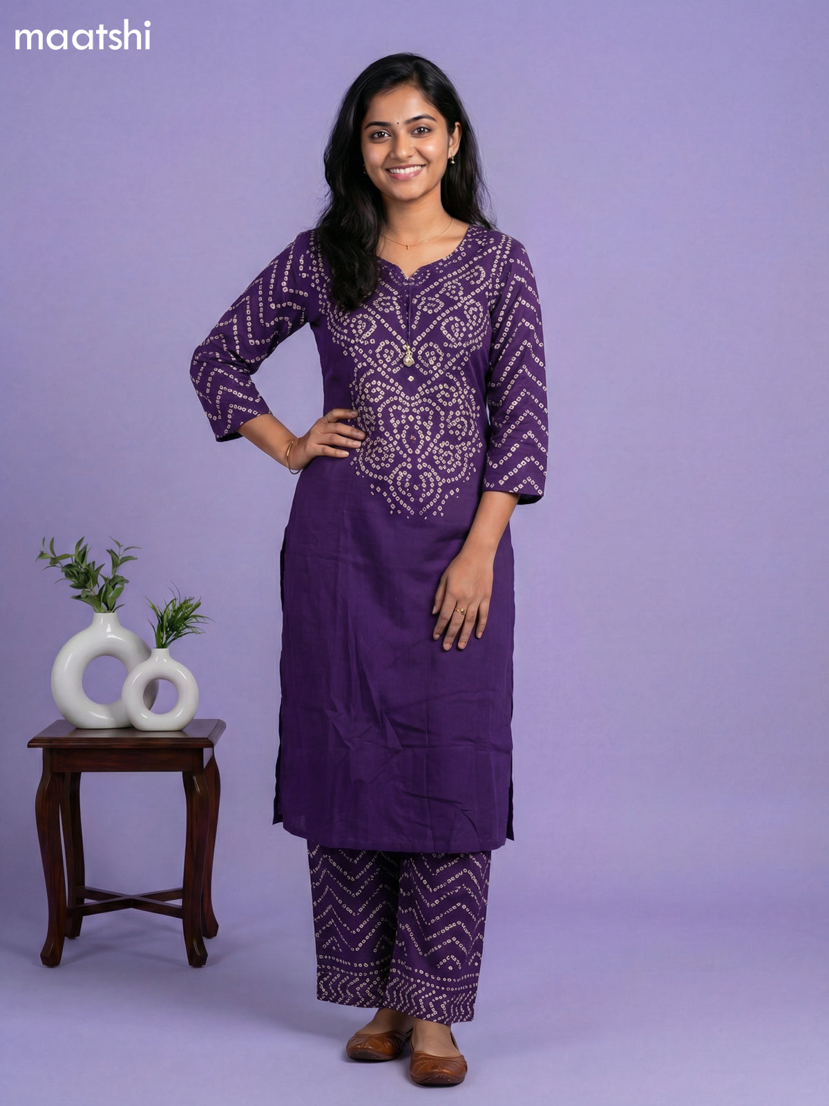 Violet Cotton Bandhini Printed Straight Suit