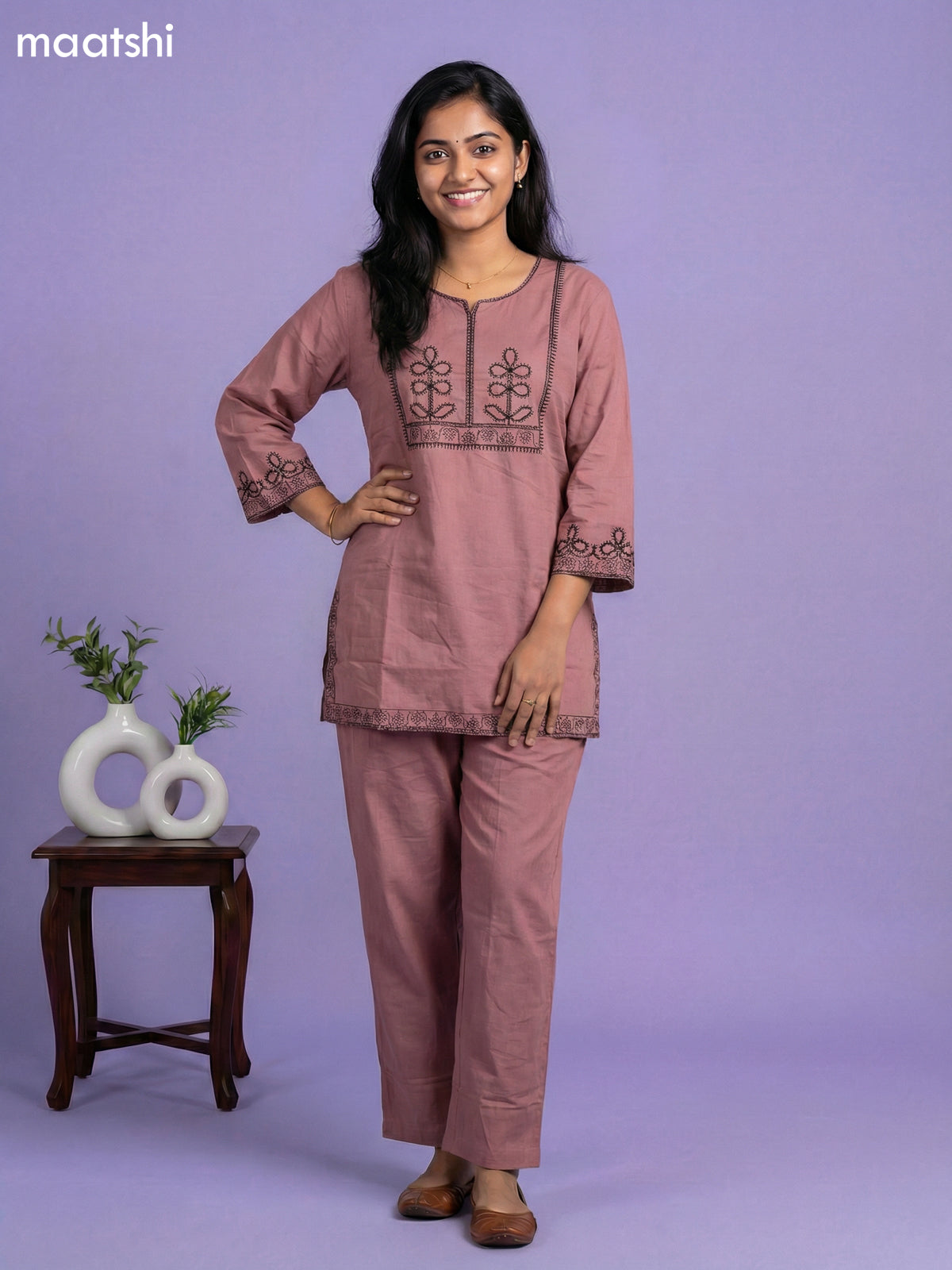 Pastel Maroon Cotton Embroidery Work Kurti Set