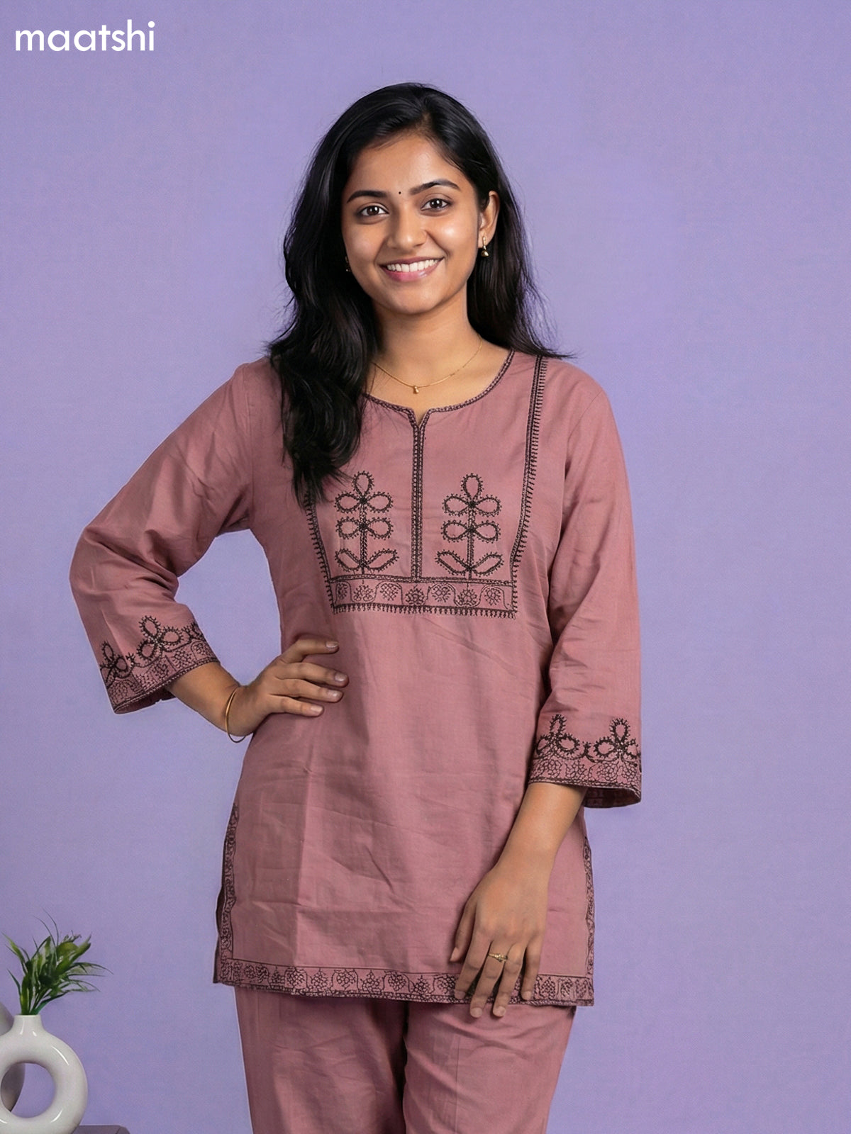 Pastel Maroon Cotton Embroidery Work Kurti Set