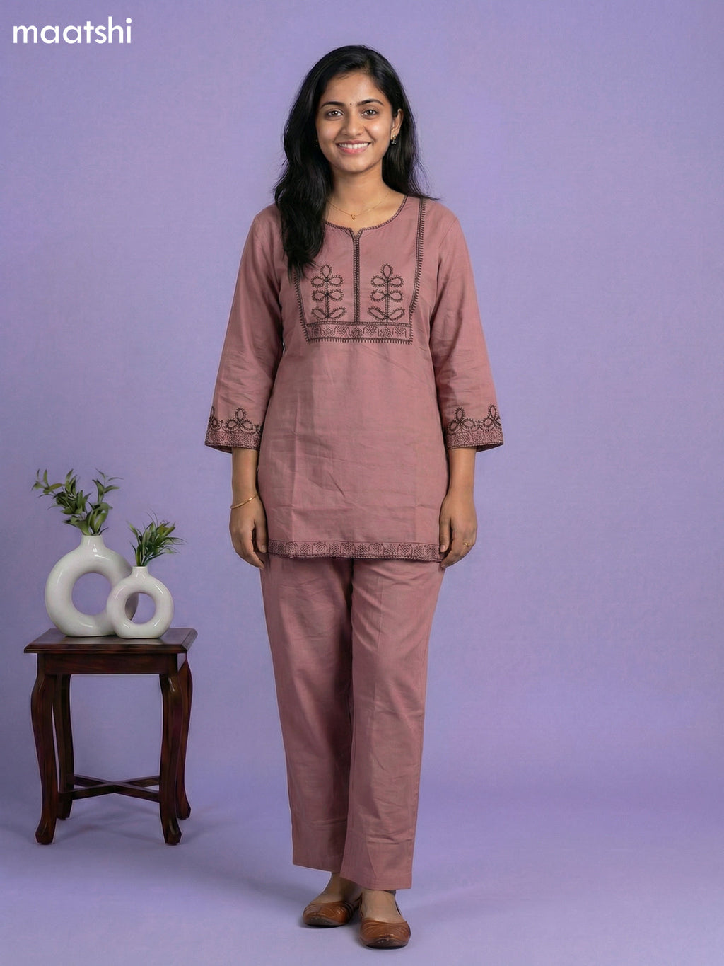 Pastel Maroon Cotton Embroidery Work Kurti Set