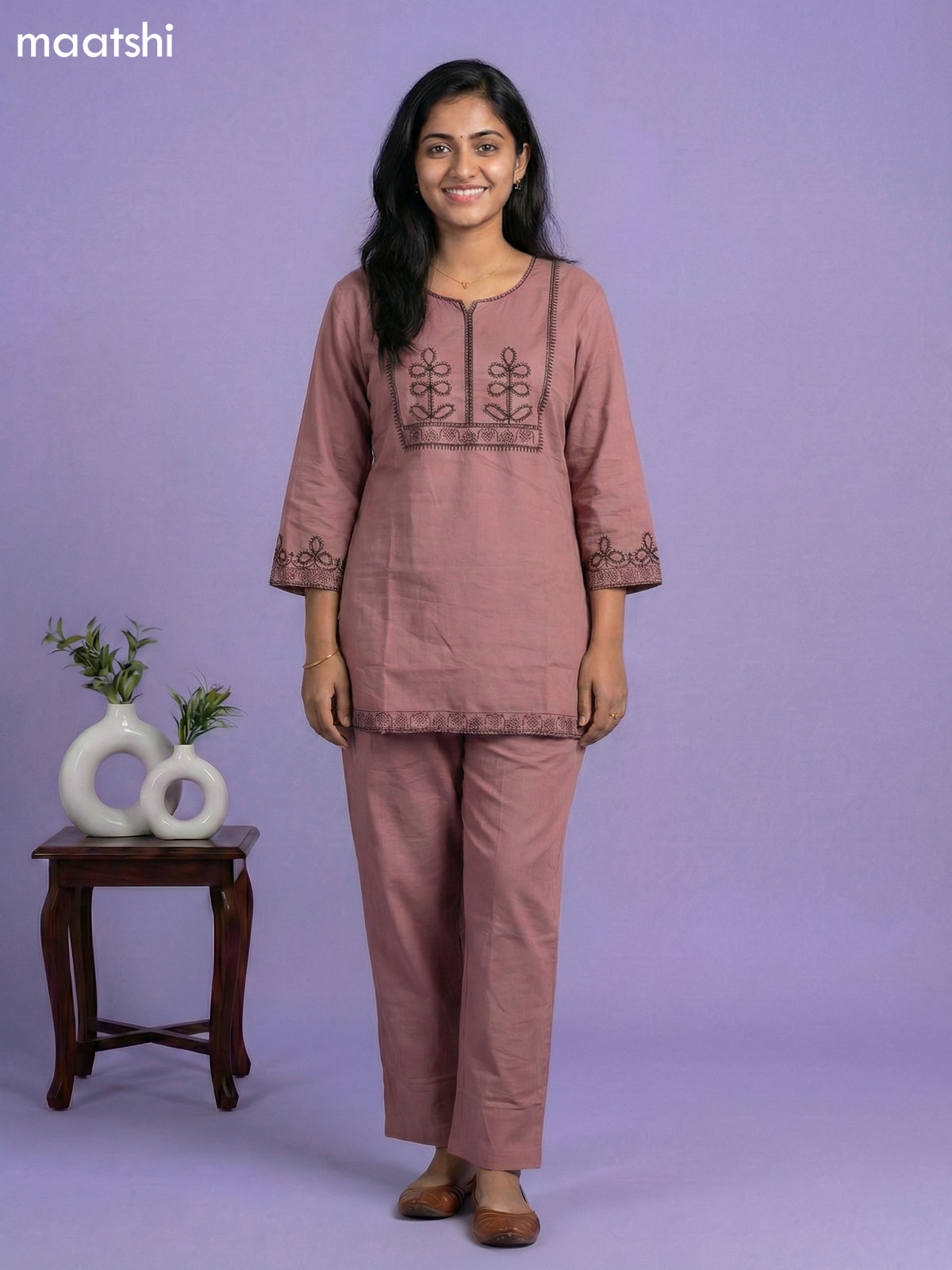 Pastel Maroon Cotton Embroidery Work Kurti Set
