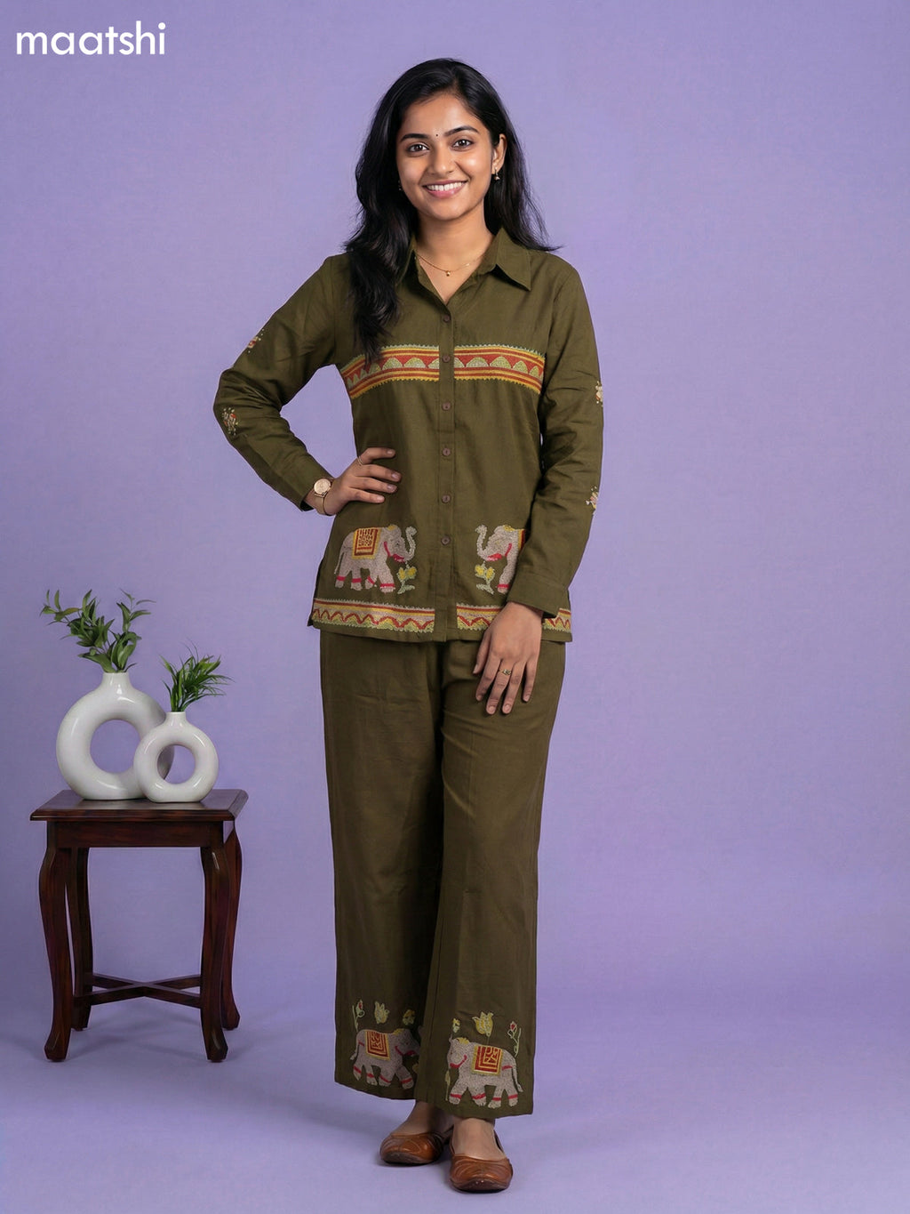 Dark Sap Green Cotton Embroidery Work Short Co-Ord Set