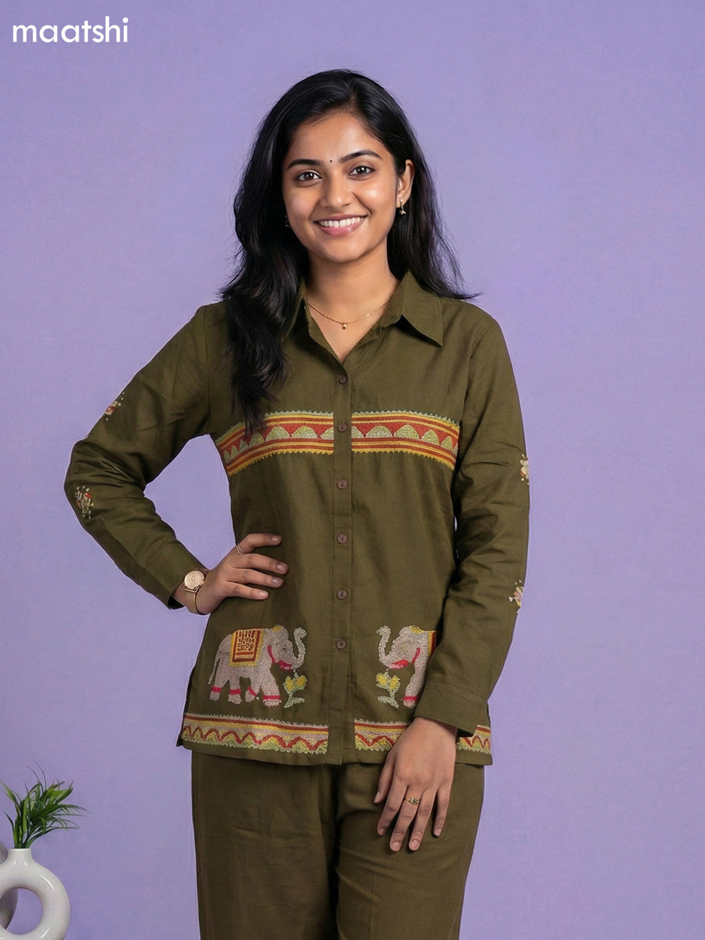 Dark Sap Green Cotton Embroidery Work Short Co-Ord Set