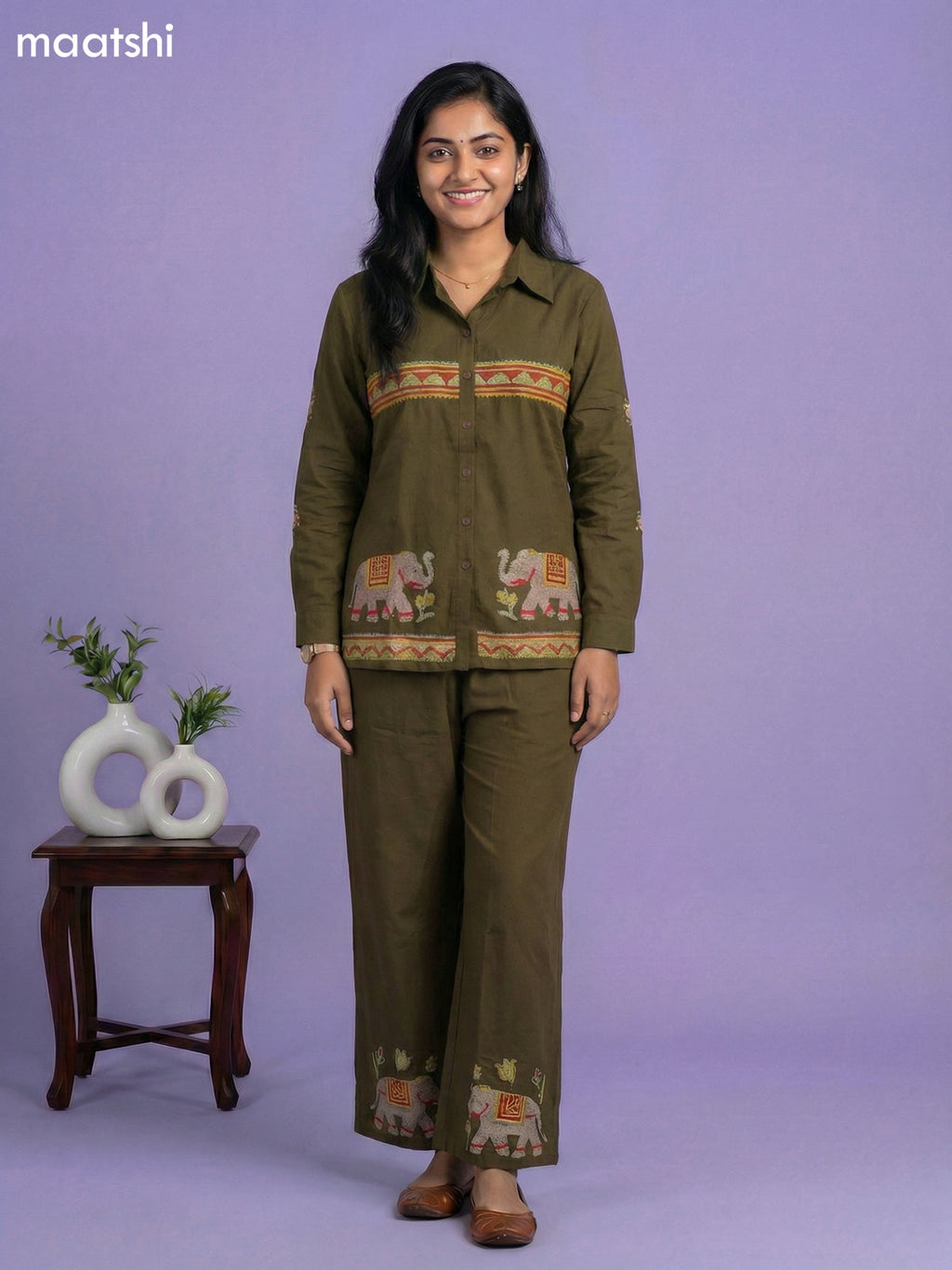 Dark Sap Green Cotton Embroidery Work Short Co-Ord Set