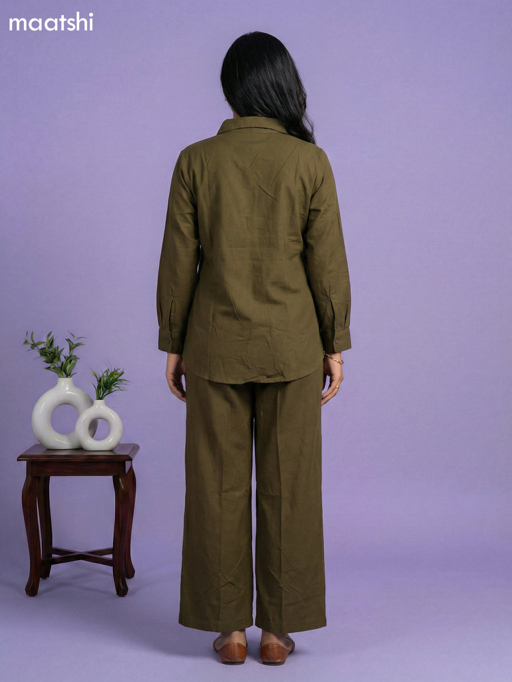 Dark Sap Green Cotton Embroidery Work Short Co-Ord Set