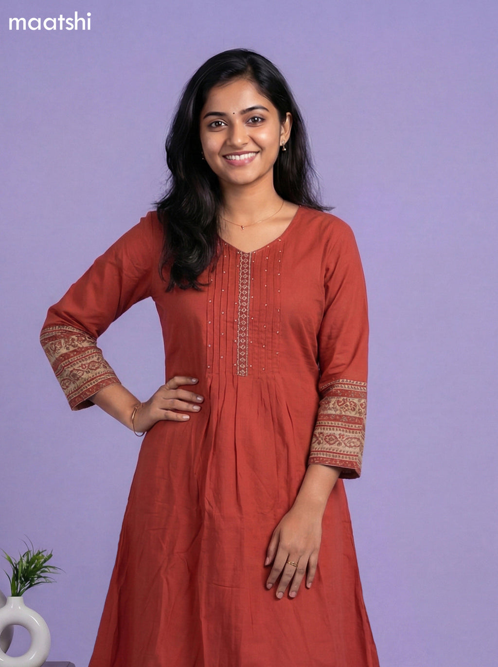 Rust Cotton Simple Embroidery Work Neck Pattern A-Line Suit