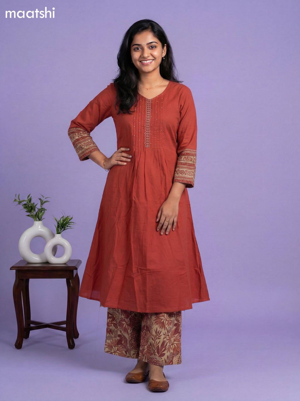 Rust Cotton Simple Embroidery Work Neck Pattern A-Line Suit