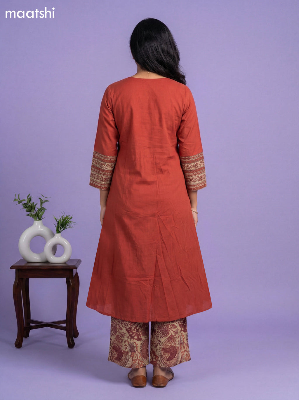 Rust Cotton Simple Embroidery Work Neck Pattern A-Line Suit