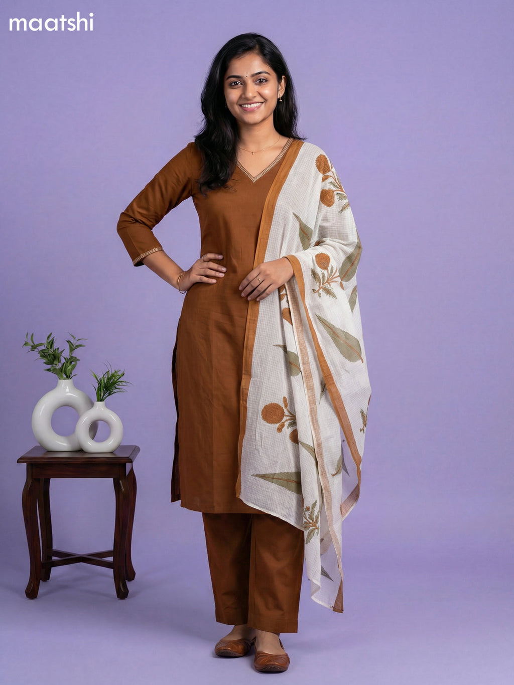 Brown and Cream Cotton Simple Embroidery Work Neck Pattern Straight Suit