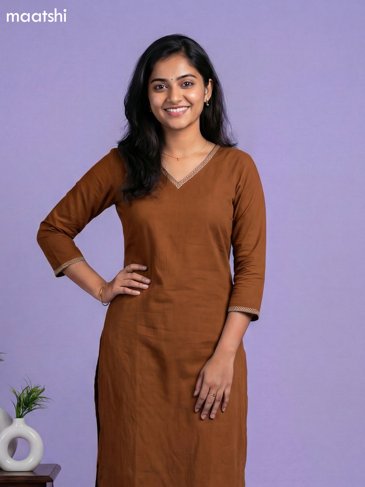 Brown and Cream Cotton Simple Embroidery Work Neck Pattern Straight Suit