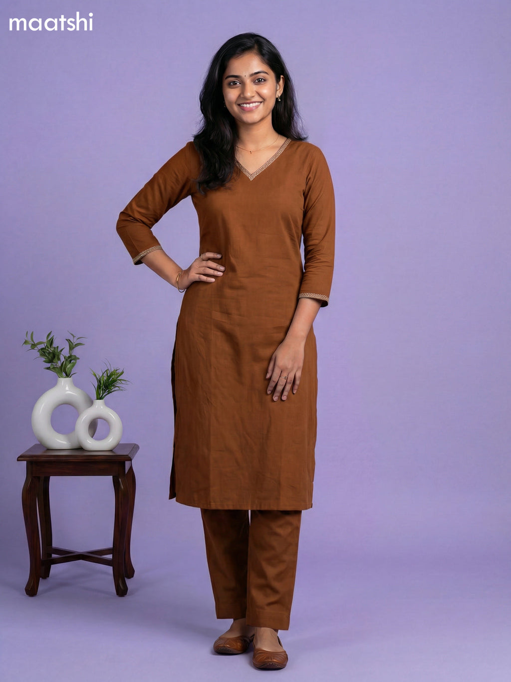 Brown and Cream Cotton Simple Embroidery Work Neck Pattern Straight Suit
