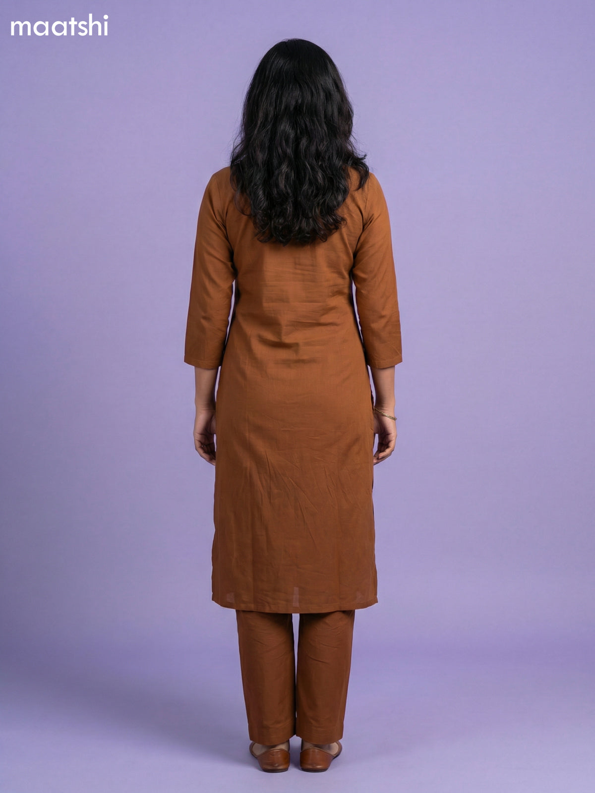 Brown and Cream Cotton Simple Embroidery Work Neck Pattern Straight Suit
