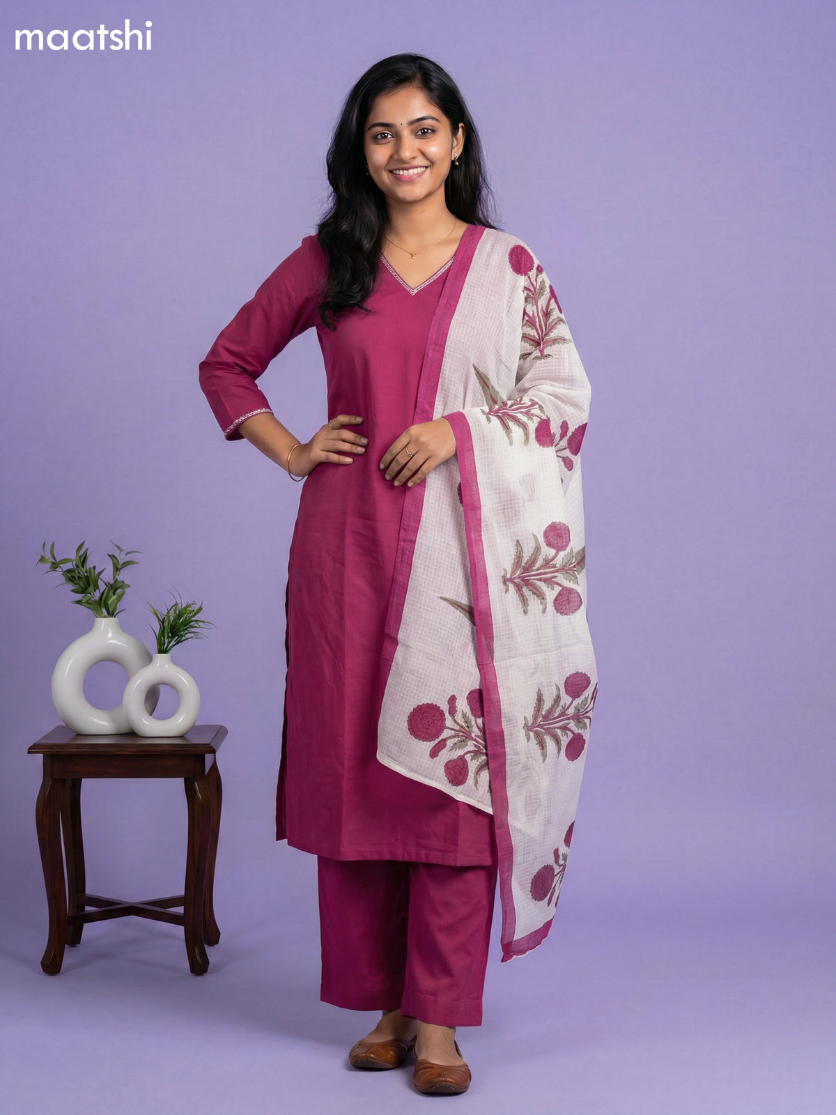 Pink and Cream Cotton Simple Embroidery Work Neck Pattern Straight Suit